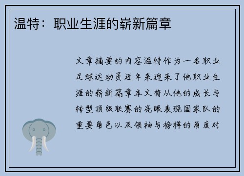 温特：职业生涯的崭新篇章